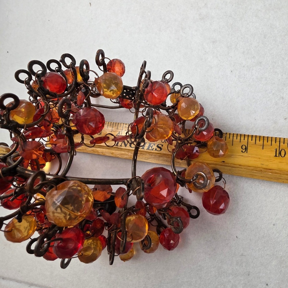 Bronze Beaded Hanging Tea Light Candle Holder Amber Red Acrylic Jewel Tones Boho - Picture 3 of 4